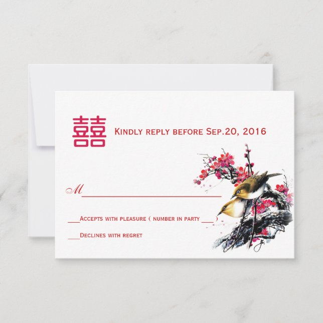 Watercolor Love Birds Chinese Xi RSVP Card (Front)