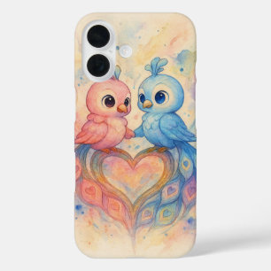 Watercolor Love Birds with Heart-shaped Tail Feath iPhone 16 Case