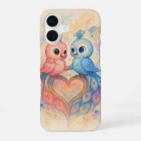 Watercolor Love Birds with Heart-shaped Tail Feath