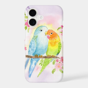 Watercolor Love Birds with Pink Flowers