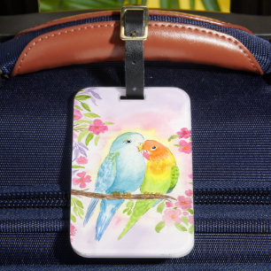 Watercolor Love Birds with Pink Flowers Luggage Tag