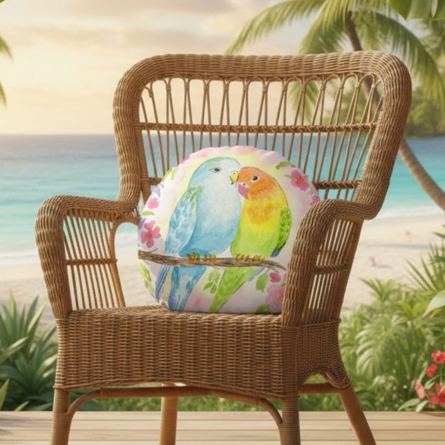 Watercolor Love Birds with Pink Flowers Round Cushion (Creator Uploaded)