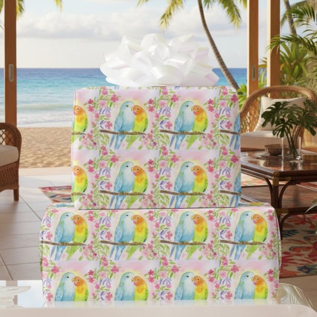 Watercolor Love Birds with Pink Flowers Wrapping Paper (Creator Uploaded)