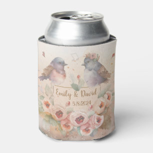 Watercolor love birds with roses for wedding can cooler