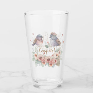 Watercolor love birds with roses for wedding glass