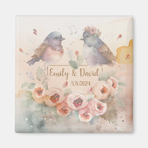 Watercolor love birds with roses for wedding magnet