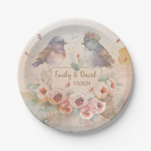 Watercolor love birds with roses for wedding paper plate