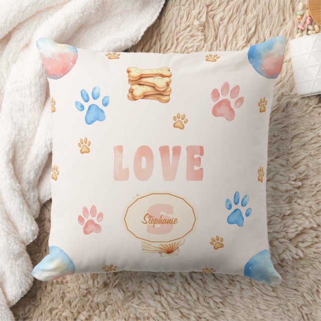 Watercolor "LOVE" Design with Dog Paw Prints Cushion (Blanket)