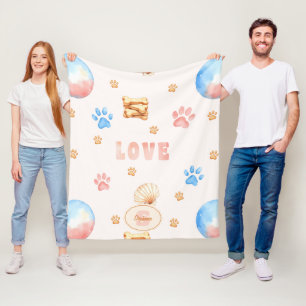 Watercolor "LOVE" Design with Dog Paw Prints Fleece Blanket