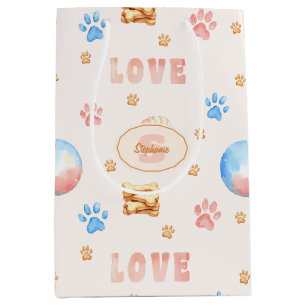 Watercolor "LOVE" Design with Dog Paw Prints Medium Gift Bag