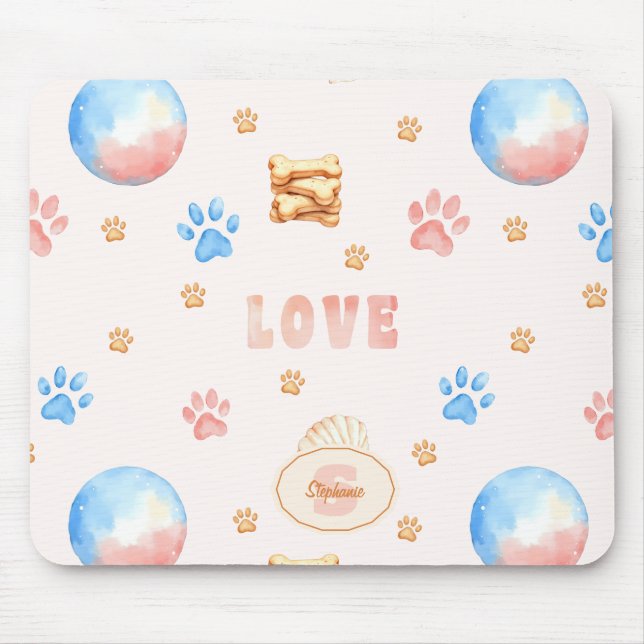 Watercolor "LOVE" Design with Dog Paw Prints Mouse Mat (Front)