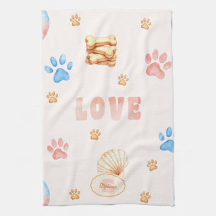 Watercolor "LOVE" Design with Dog Paw Prints Tea Towel