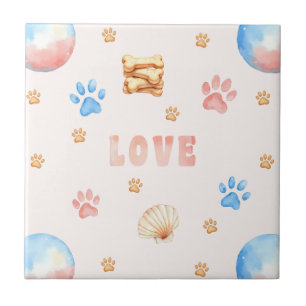 Watercolor "LOVE" Design with Dog Paw Prints Tile