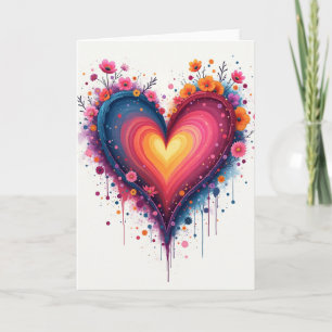 Watercolor Love Heart Flowers Card