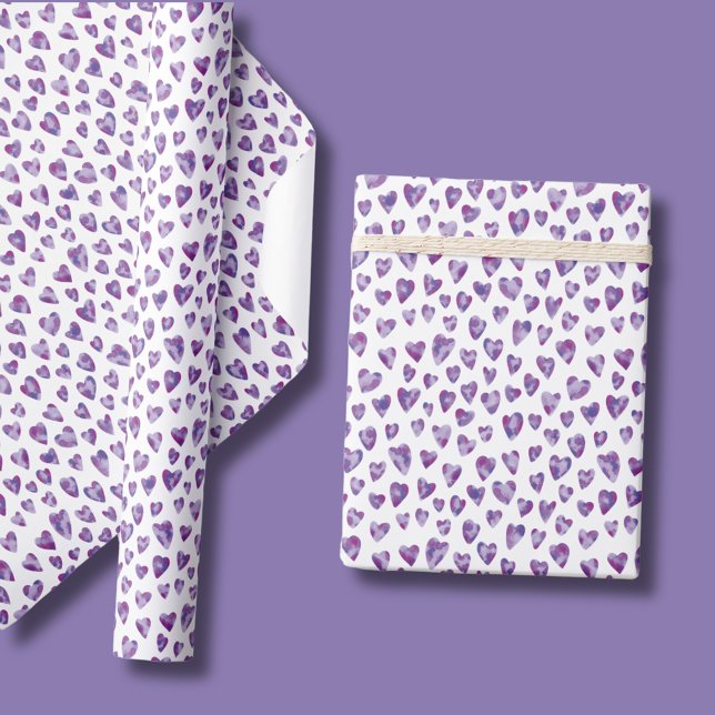 Watercolor Love Heart Purple pattern Wrapping Paper (Purple Valentines Day Wedding Love Heart Wrapping Paper rolls. Sheets also available.)