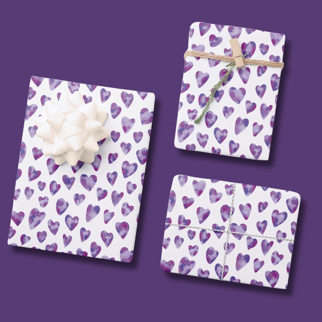 Watercolor Love Heart Purple pattern Wrapping Paper Sheet (Cute watercolor love heart wrapping paper. Perfect for birthday gifts, weddings or valentines day.)