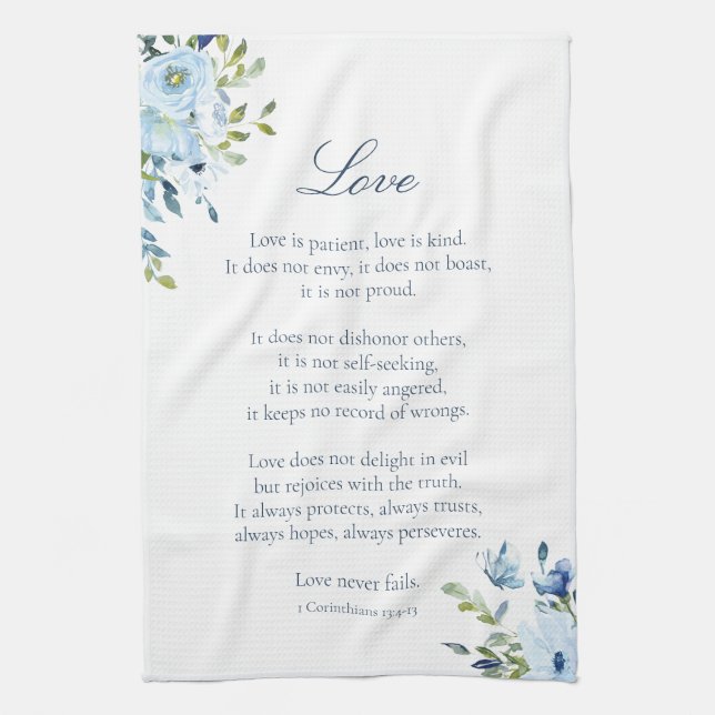 Watercolor Love is Patient Blue White Kitchen Tea Towel (Vertical)