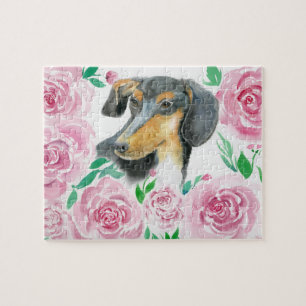 Watercolor Love Of A Dachshund With Pink Roses Jigsaw Puzzle