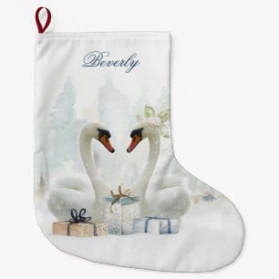  Watercolor Love Swans with Gifts Personalised Large Christmas Stocking