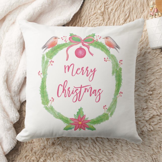 Watercolor Lovely Wreath + Script Merry Christmas Cushion (Blanket)