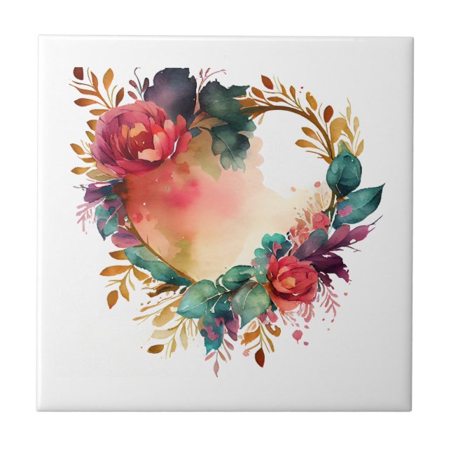 Watercolor-Loving Birds & Flowers Lovers'  Tile (Front)