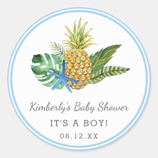 Watercolor Luau Baby Shower | Blue | Classic Round Sticker (Front)
