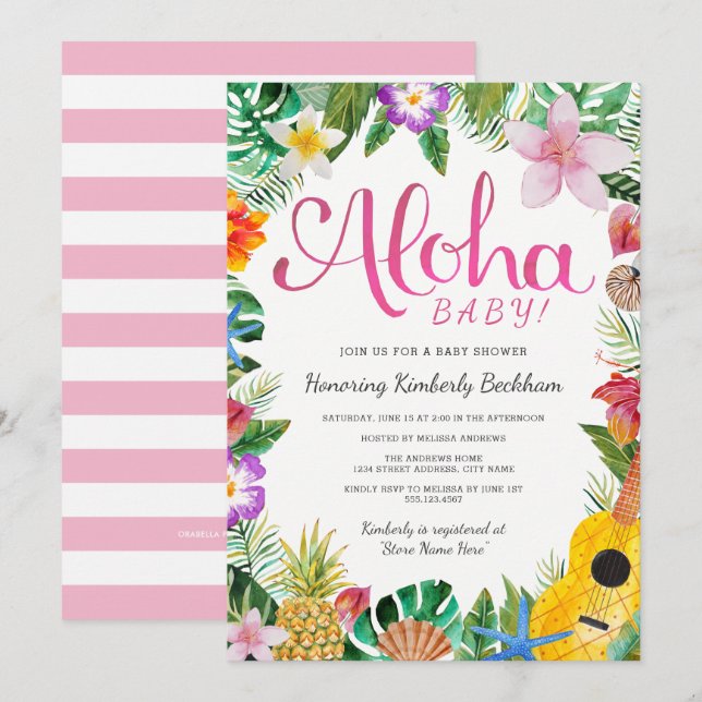 Watercolor Luau Baby Shower Invite | Pink (Front/Back)