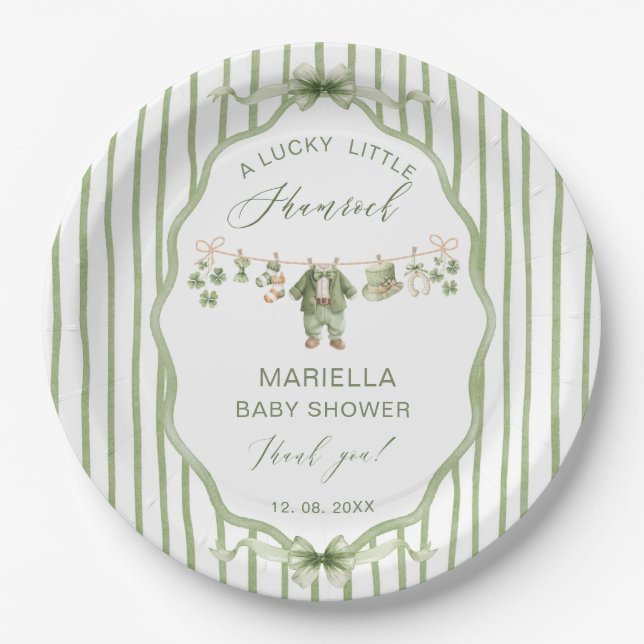  Watercolor Lucky Charm Shamrock baby shower Paper Plate (Front)