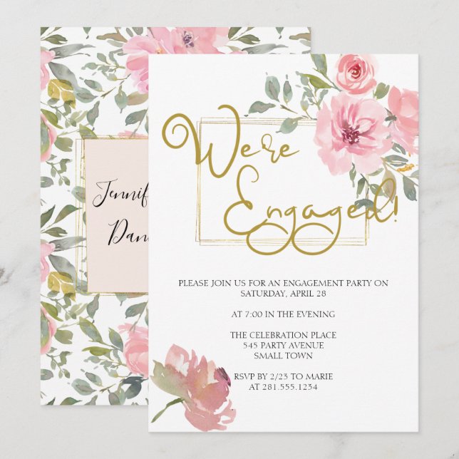 Watercolor Lush Blush Pink Floral Engagement Party Invitation (Front/Back)