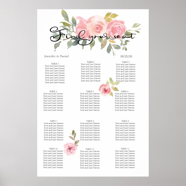 Watercolor Lush Blush Pink Floral Seating Chart (Front)