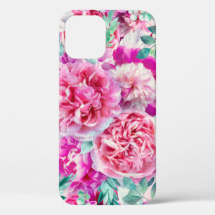 Watercolor Lush Pink Peonies & Green Teal Leaves iPhone 12 Case