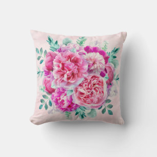Watercolor Lush Pink Peonies & Green Teal Leaves Cushion