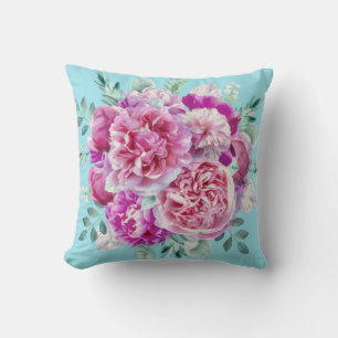 Watercolor Lush Pink Peonies & Green Teal Leaves Cushion