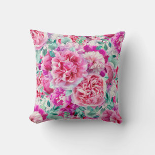 Watercolor Lush Pink Peonies & Green Teal Leaves   Cushion
