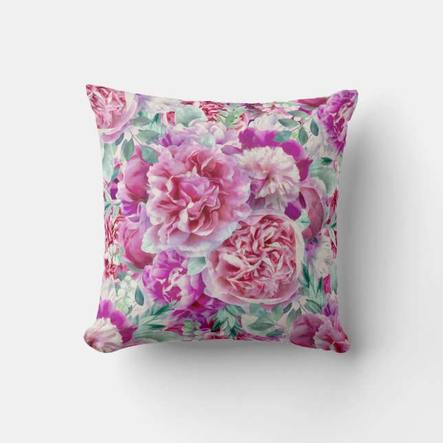 Watercolor Lush Pink Peonies & Green Teal Leaves   Cushion (Front)