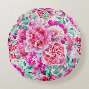 Watercolor Lush Pink Peonies & Green Teal Leaves  Round Cushion