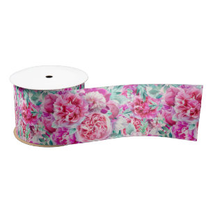 Watercolor Lush Pink Peonies & Green Teal Leaves Satin Ribbon