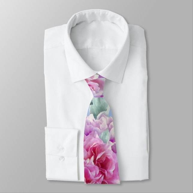 Watercolor Lush Pink Peonies & Green Teal Leaves   Tie (Tied)