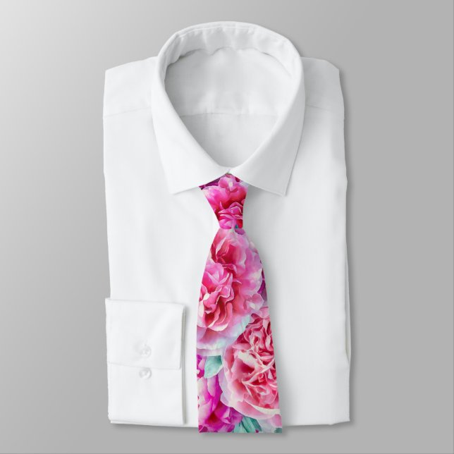 Watercolor Lush Pink Peonies & Green Teal Leaves Tie (Tied)