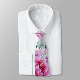Watercolor Lush Pink Peonies & Green Teal Leaves   Tie