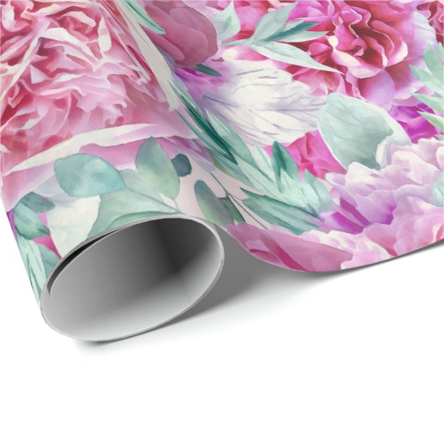 Watercolor Lush Pink Peonies & Green Teal Leaves Wrapping Paper (Roll Corner)