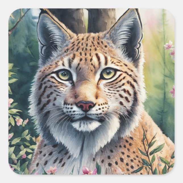 Watercolor Lynx Artwork Floral Feline Square Sticker (Front)