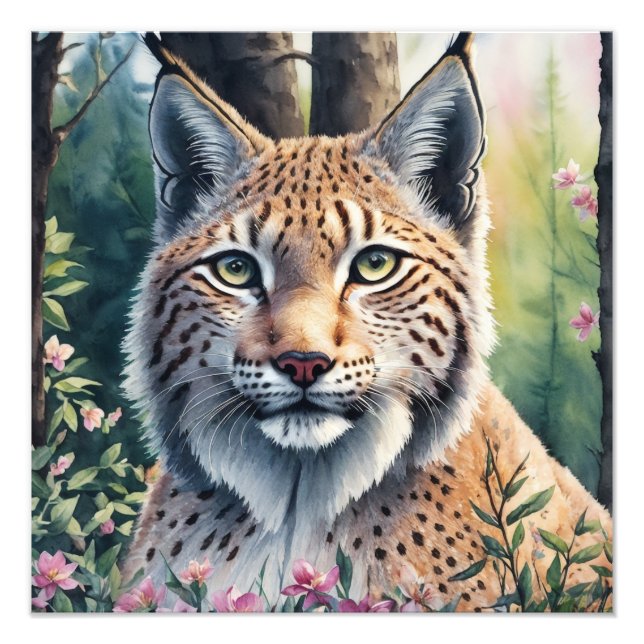 Watercolor Lynx Floral Artwork Photo Print (Front)