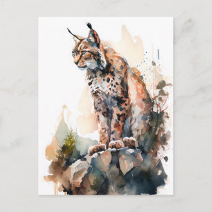 Watercolor Lynx Sitting on Rocks Postcard