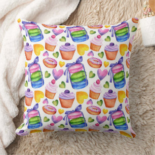 Watercolor Macaron & Sweet Cupcakes Pattern Cushion