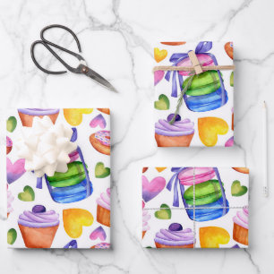 Watercolor Macaron & Sweet Cupcakes Pattern Wrapping Paper Sheet