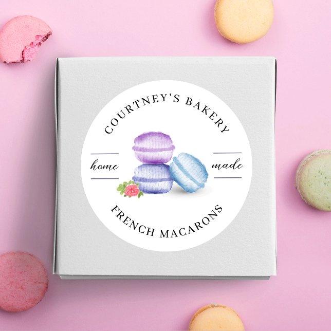 Watercolor Macarons Dessert Bakery Homemade Classic Round Sticker (Elegant watercolor made with love stickers for your macaron or dessert boxes)