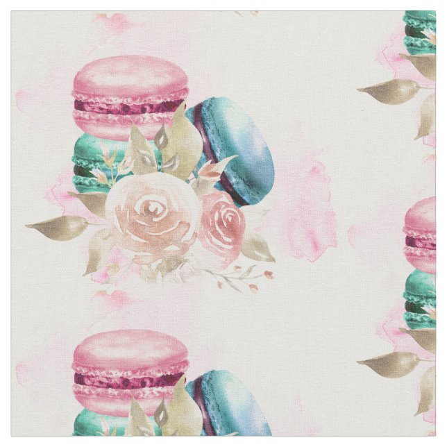 Watercolor Macarons on White Background Fabric (Close Up)