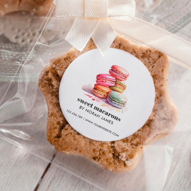 Watercolor Macarons Sweet Cake WEBSITE Square Sticker (Watercolor stack of french macarons stickers with three lines of custome text for business name )