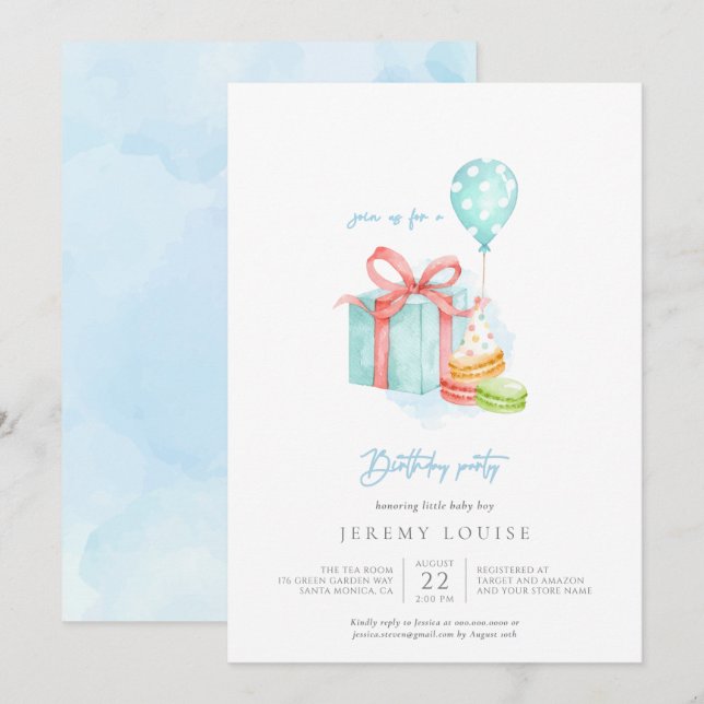 Watercolor Macaroons Baby Boy Birthday Party Invit Invitation (Front/Back)